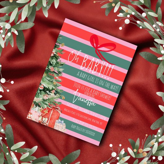 Christmas Tree Stripes Girls Baby Shower   招待状