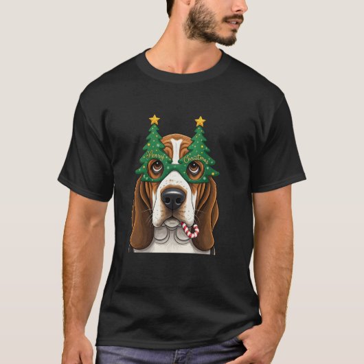 Christmas Tree Sunglasses Basset Hound Candy Cane  Tシャツ (正面)