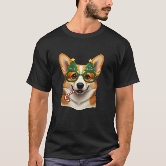 Christmas Tree Sunglasses Corgi Candy Cane Mens Wo Tシャツ (正面)