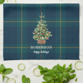 Christmas Tree Tartan Plaid Family Name キッチンタオル (折り畳み)