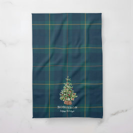 Christmas Tree Tartan Plaid Family Name キッチンタオル