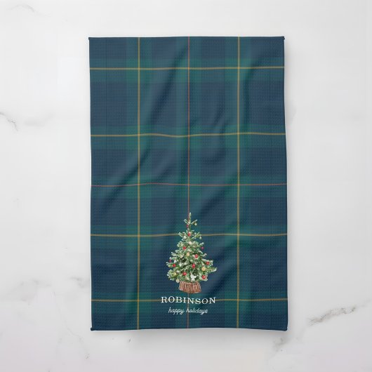 Christmas Tree Tartan Plaid Family Name キッチンタオル
