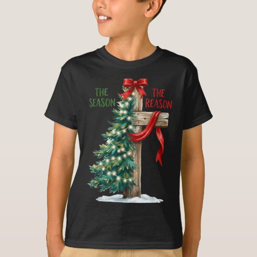 Christmas Tree The Season Jesus Cross The Reason X Tシャツ (正面)