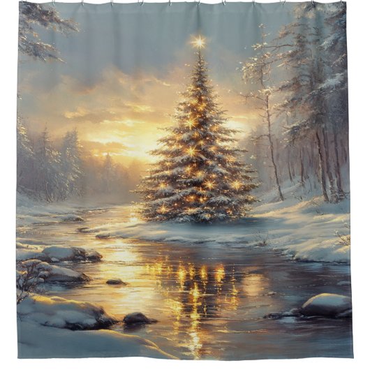 Christmas Tree Winter Forest River シャワーカーテン (正面)