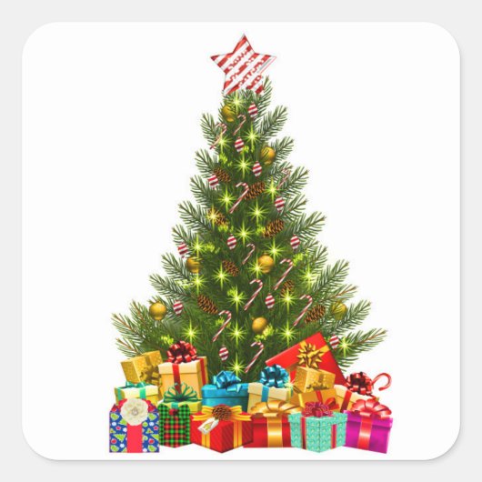 Christmas tree with decorations and gift boxes スクエアシール (正面)