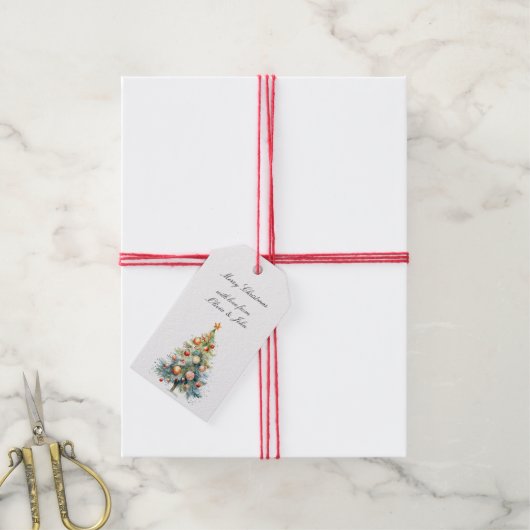 Christmas Tree with Orange Red Ornaments ギフトタグ (より糸付き)