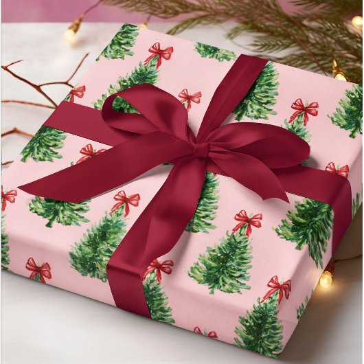 Christmas Tree with Red Bow | Pink Wrapping Paper ラッピングペーパー