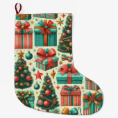 Christmas trees and presents art pattern ラージクリスマスストッキング (正面)
