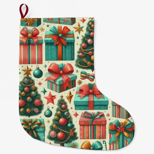 Christmas trees and presents art pattern ラージクリスマスストッキング (正面)