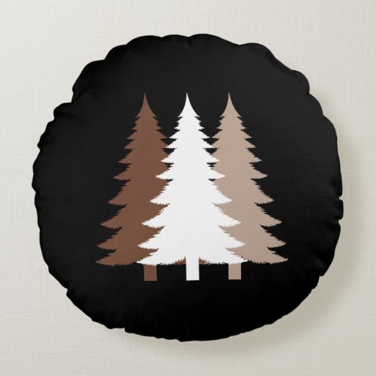 Christmas Trees In White & Chocolate Brown Tones ラウンドクッション (正面)