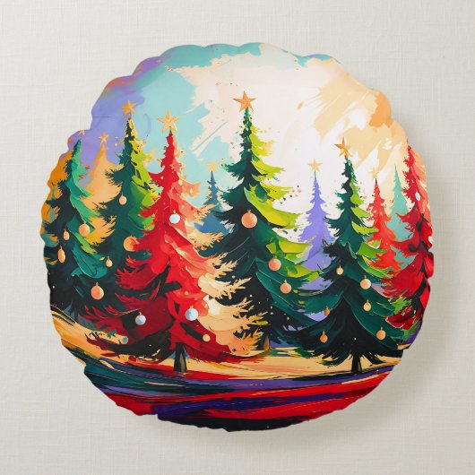 Christmas Trees painting Landscape   ラウンドクッション (正面)