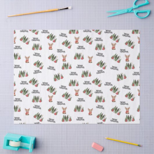 Christmas Trees & Reindeer Wrapping Paper 薄葉紙 (クラフト)