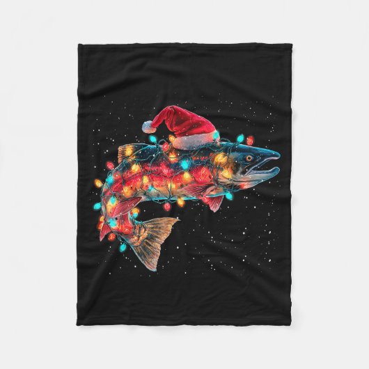 Christmas Trout Fish Funny Fishing Santa Hat Light フリースブランケット (正面)