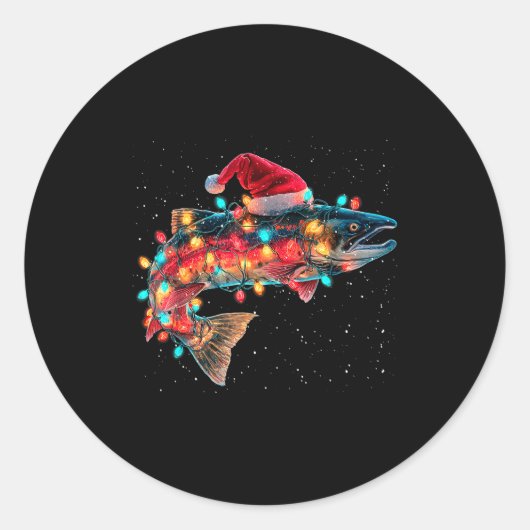 Christmas Trout Fish Funny Fishing Santa Hat Light ラウンドシール (正面)