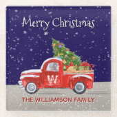 Christmas Truck With Snow at Night Monogrammed ガラスコースター (正面)