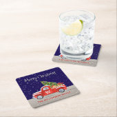 Christmas Truck With Snow at Night Monogrammed スクエアペーパーコースター (インサイチュ)