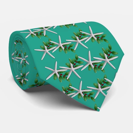 Christmas Turquoise Starfish pattern tie ネクタイ (ロール)