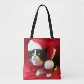 Christmas Tuxedo Cat in Santa Hat トートバッグ (正面)
