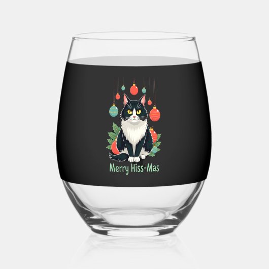 Christmas Tuxedo Cat with Holiday Decorations Merr ステムなしワイングラス (正面)