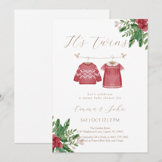 Christmas Twin Siblings Baby Shower Invitation 招待状 (正面/裏面)