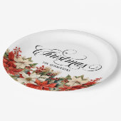 Christmas Typography Custom Name Poinsettia ペーパープレート (アングル)