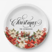 Christmas Typography Custom Name Poinsettia ペーパープレート (正面)