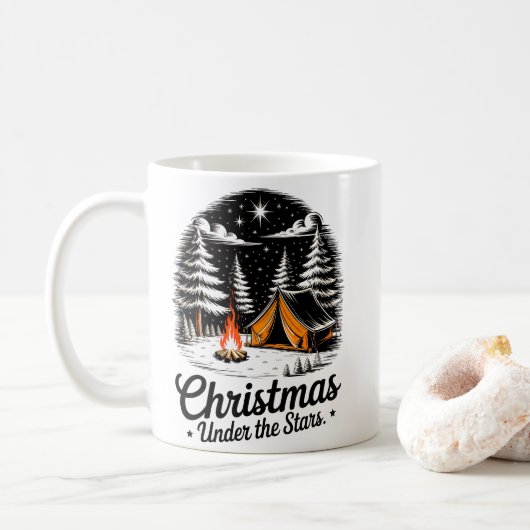 Christmas Under the Stars Camping Scene コーヒーマグカップ (ドーナツ)