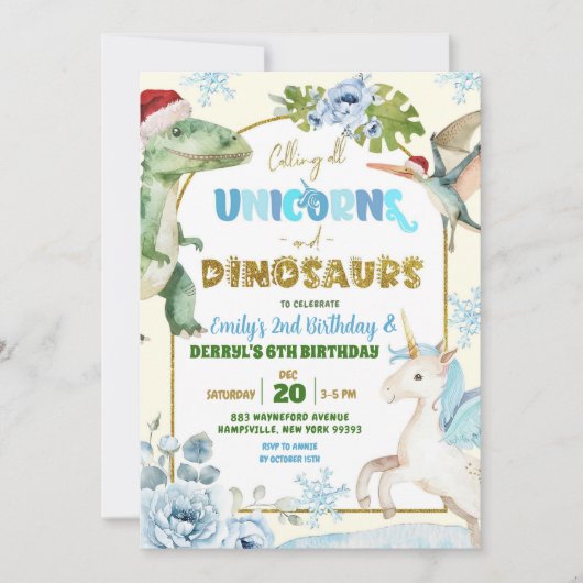 Christmas Unicorns and Dinosaur Joint Birthday 招待状 (正面)