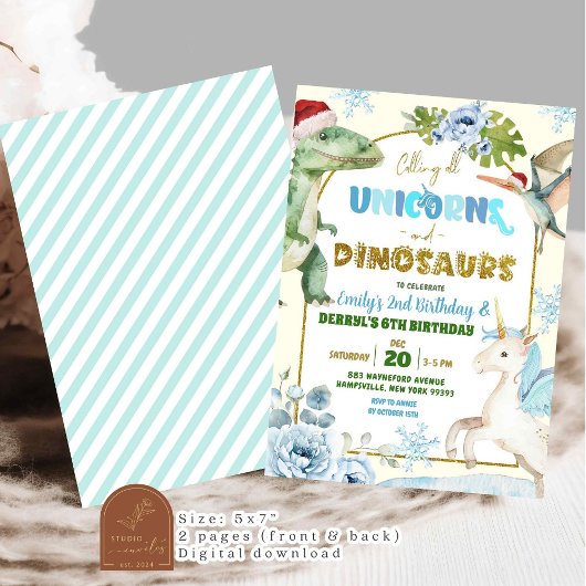 Christmas Unicorns and Dinosaur Joint Birthday 招待状