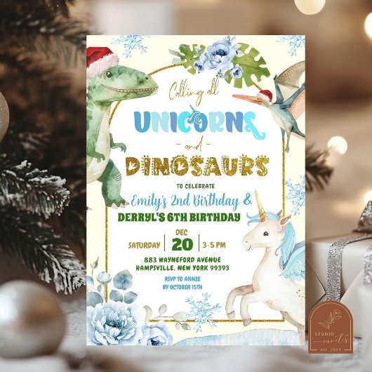 Christmas Unicorns and Dinosaur Joint Birthday 招待状