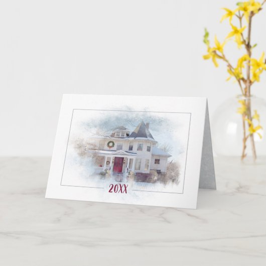 Christmas Victorian House With Year カード (黄色い花)