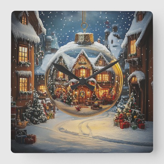 Christmas Village Ornament Wall Clock スクエア壁時計 (正面)