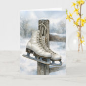 Christmas Vintage Ice Skates On Fence Post カード (黄色い花)