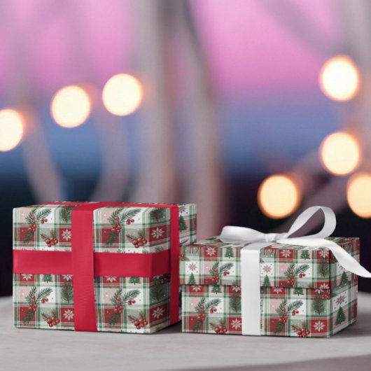 Christmas Vintage Plaid Holly & Deer Pattern ラッピングペーパー