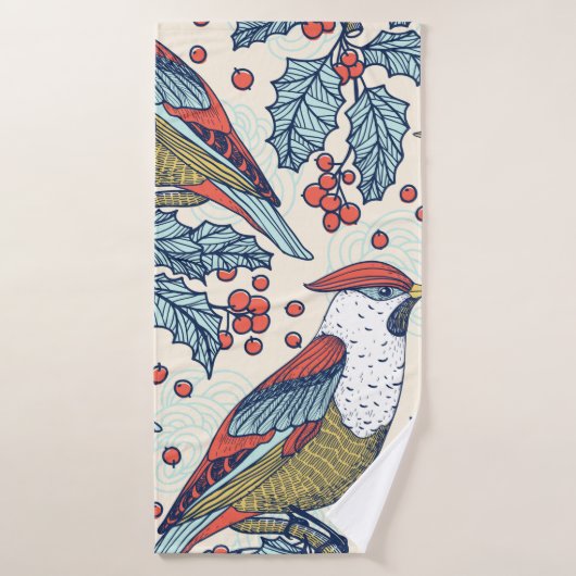 Christmas vintage seamless pattern with waxwings a バスタオル (バスタオル)