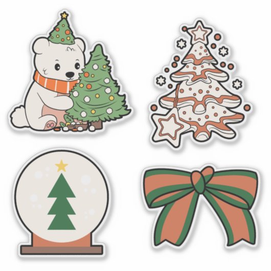 Christmas Vinyl Stickers: Cute Bear, Tree, Bow シール (正面)