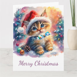 Christmas Water color of 大切 Kitten with Bow カード