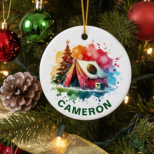 Christmas Watercolor Camping Custom Name セラミックオーナメント