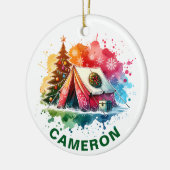 Christmas Watercolor Camping Custom Name セラミックオーナメント (左)