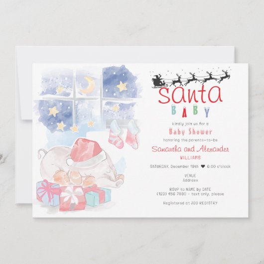 Christmas Watercolor Celestial Santa Baby Shower 招待状 (正面)