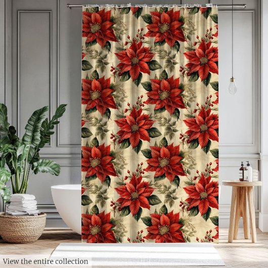 Christmas Watercolor Curtain with Rustic Elegance シャワーカーテン