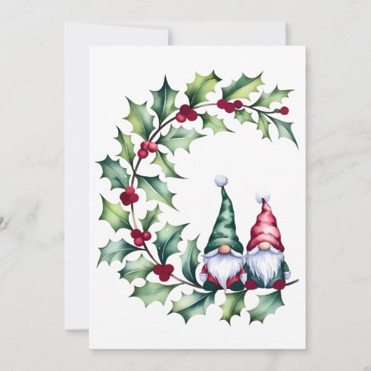 Christmas Watercolor Gnomes Sitting On Holly Twig シーズンカード (正面)