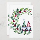 Christmas Watercolor Gnomes Sitting On Holly Twig シーズンカード (正面/裏面)