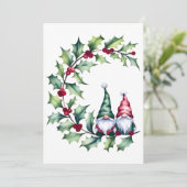 Christmas Watercolor Gnomes Sitting On Holly Twig シーズンカード (スタンド正面)
