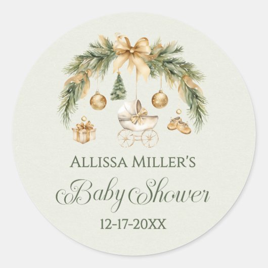 Christmas Watercolor Greenery Winter Baby Shower ラウンドシール (正面)