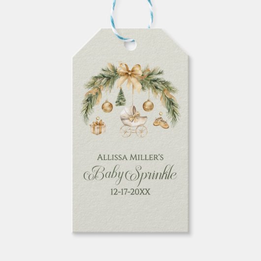 Christmas Watercolor Greenery Winter Baby Sprinkle ギフトタグ (正面)