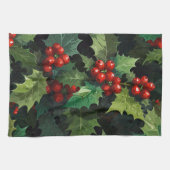 Christmas watercolor Holly berry leaves botanical  キッチンタオル (横)
