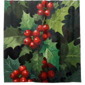 Christmas watercolor Holly berry leaves botanical  シャワーカーテン (正面)