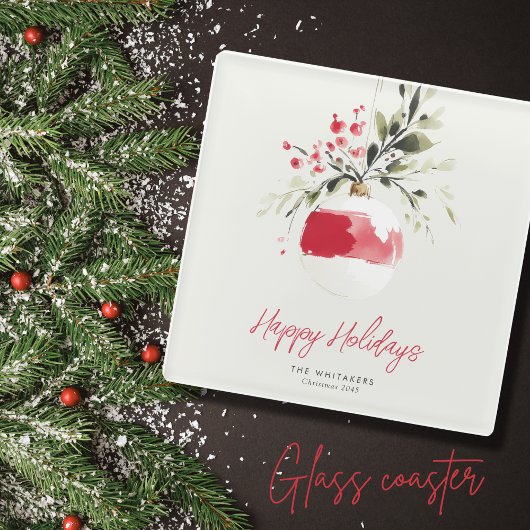 Christmas Watercolor Ornament Personalized Name ガラスコースター