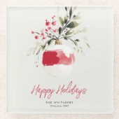 Christmas Watercolor Ornament Personalized Name ガラスコースター (正面)